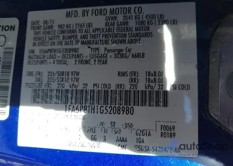 2016 Ford Mustang Ecoboost из США, поврежденный, VIN 1FA6P8TH1G5208980